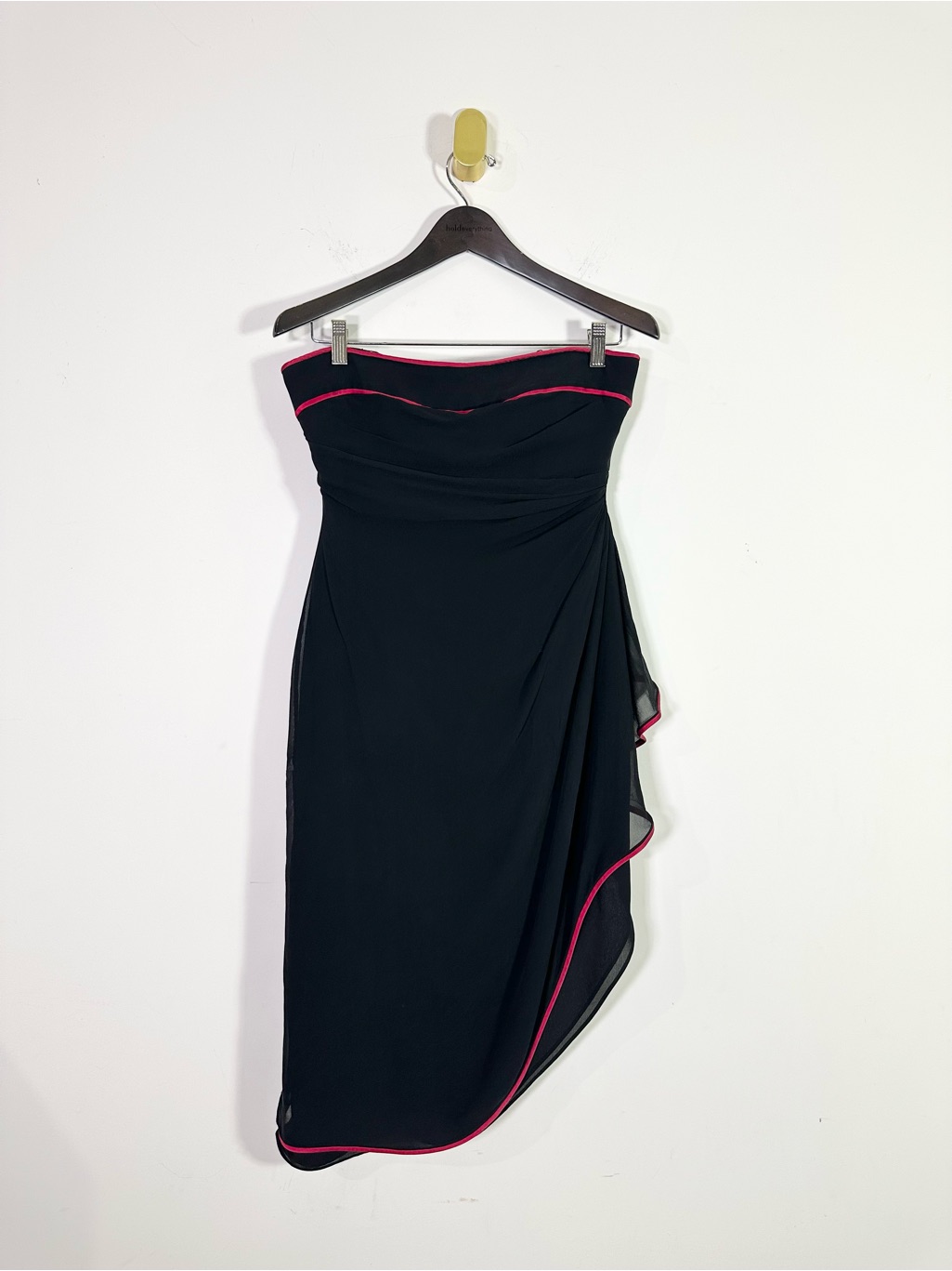 Kay Unger Petites Strapless Asymmetrical Black Red Ruffle Midi Dress